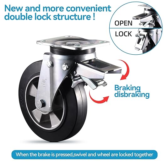 Super Heavy Duty Plate Casters Load 4400Lbs 8 inch Casters Set of 4 Swivel & Fixed Industrial Aluminum Core Elastic Rubber Wheels for Cart Furniture and Workbench Locking Outdoor Dolly Rigid Castors
