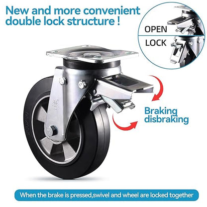 Super Heavy Duty Plate Casters Load 4400Lbs 8 inch Casters Set of 4 Swivel & Fixed Industrial Aluminum Core Elastic Rubber Wheels for Cart Furniture and Workbench Locking Outdoor Dolly Rigid Castors
