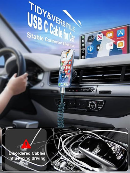USB C to USB C Coiled Cable 3FT, 2 Pack Retractable USB C Cable for Car, Type C Fast Charging Cable Compatible with iPhone 17/16/15, Samsung Galaxy S25 S24 S23, Pixel 10 9