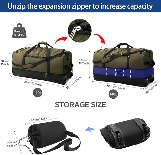 110L Expandable to 140L 32” Foldable Oxford Soft-Sided Rolling Duffle Bag with 2 Heavy-Duty Wheels,3 Large Compartments,Adjustable Shoulder Strap and Attached Organizer Pouch,Green