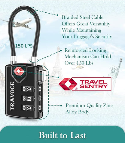 Search Alert TSA Approved Travel Combination Luggage Cable Locks for Suitcase, Gym Locker,Toolbox,Backpack 1,2,4,6 &10 pk (Black 3 Pack)