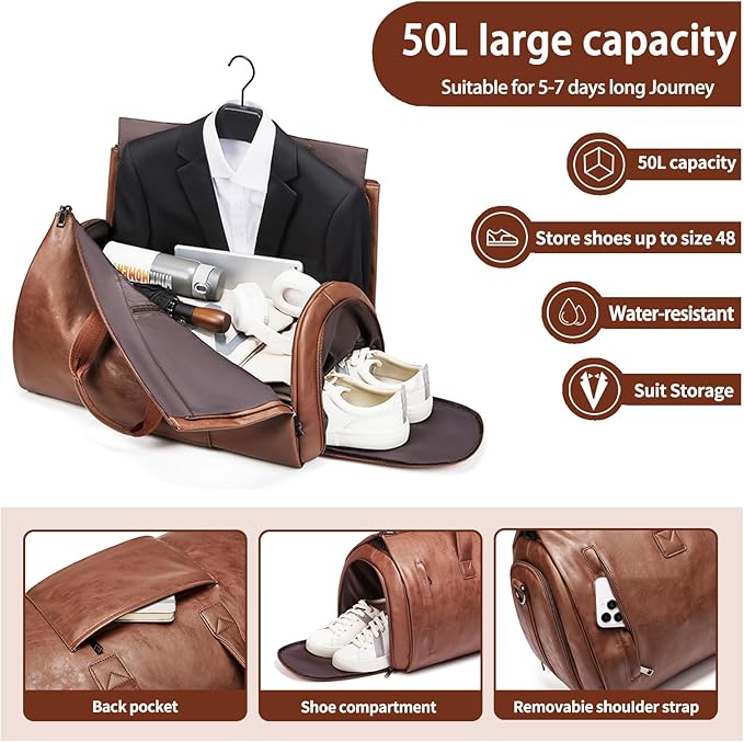 Leather Garment Bag，Convertible Garment Duffel Bag for Travel Mens Suit Bag 2 in 1 Waterproof Foldable Carry on Garment Bag with Shoulder Strap Weekender Bag with Shoe Pouch
