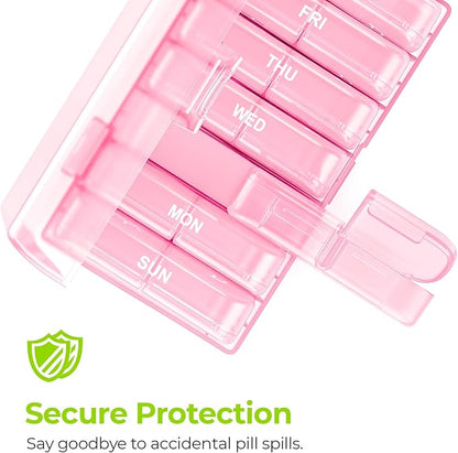AUVON XL Weekly Pill Organizer 2 Times a Day, Pill Box 7 Day with One-Side Large Openings for Easy to Use, Sakura Pink AM PM Pill Case for Medication, Vitamins, Fish Oils, Supplements