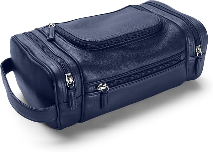 Leatherology Navy Blue Multi Pocket Toiletry Bag – Full-Grain Leather Travel Dopp Kit with Multiple Zippered Compartments | Spacious, Durable Organizer for Toiletries & Grooming Essentials