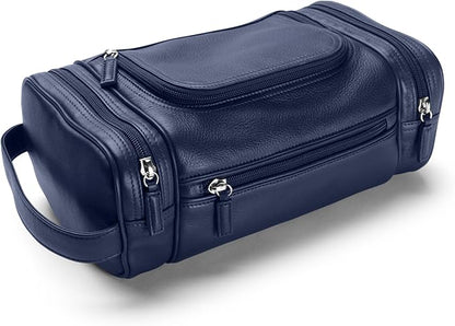 Leatherology Navy Blue Multi Pocket Toiletry Bag – Full-Grain Leather Travel Dopp Kit with Multiple Zippered Compartments | Spacious, Durable Organizer for Toiletries & Grooming Essentials