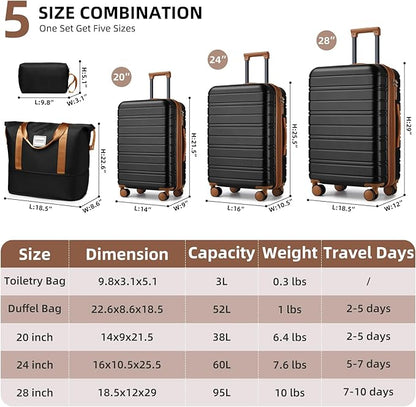 LARVENDER Luggage Sets 5 Piece Hardside Expandable Suitcase with Wheels Lock,Hardside Lightweight Rolling Suitcase for Women and Men,Black