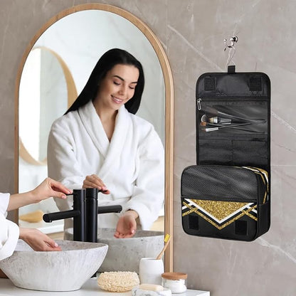 Custom Name Toiletry Bag Travel Bag with Hanging Hook, Cheerleading Makeup Cosmetic Bag Travel Full Sized Container Organizer for Shampoo, Toiletries. Gold Sequins with Black