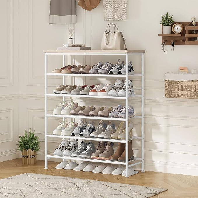 SUOERNUO Shoe Rack Organizer 6 Tier for Closet Entryway Free Standing Metal Storage Shoe Shelf with MDF Top Board，White+Oak