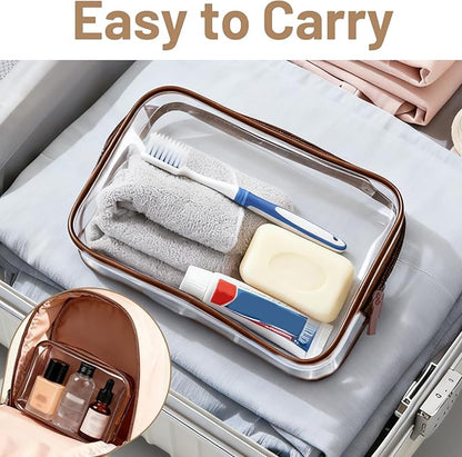 4 Pcs Clear Toiletry Bag, Portable Makeup Cosmetic Bags Pouch with Zipper, PVC Clear Travel Pouch for Women Men - Brown