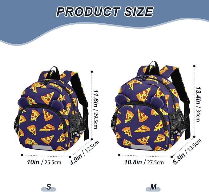 Pizza Toddler Backpack for Boys Girls,Cute Kindergarten Schoolbag with Ears,Preschool Backpack with Reflective Strip and Drawstring S