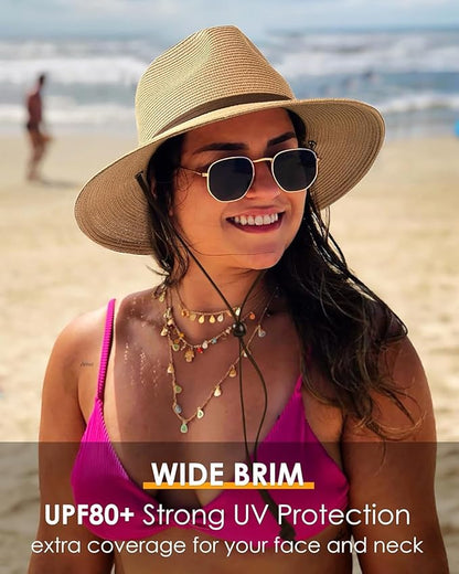 FURTALK Womens Summer Straw Sun Hats Wide Brim Panama Fedora Beach Hat with Wind Lanyard UPF 80+