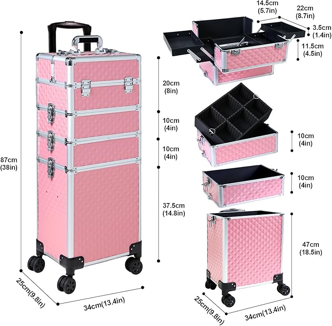 Professional Rolling Makeup Case, Cosmetology Case on Wheels 4 in 1 Large Cosmetic Train Case, Ideal Gift for Hairstylist, Nail Techs, Portable Beauty Organizer for Travel or Salon Use,pink