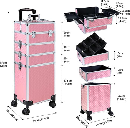 Professional Rolling Makeup Case, Cosmetology Case on Wheels 4 in 1 Large Cosmetic Train Case, Ideal Gift for Hairstylist, Nail Techs, Portable Beauty Organizer for Travel or Salon Use,pink