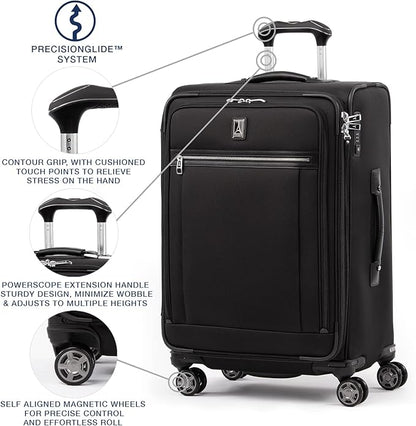 Travelpro Platinum Elite Softside Expandable Checked Luggage, 8 Wheel Spinner Suitcase, TSA Lock, Men and Women, Shadow Black, Checked Medium 25-Inch