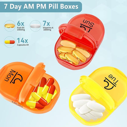 Serfeymi Weekly Pill Organizer 2 Times a Day Travel Medicine Pill Organizer AM PM Pill Box 7 Day with Protection Pill Case Daily Medication Organizer For Vitamins, Fish Oil-Clear Case+Rainbow Pill Box
