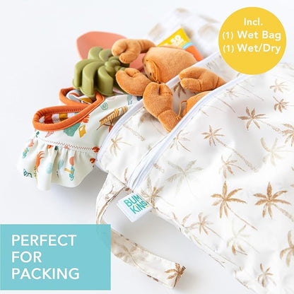 Bumkins - Waterproof Wet and Wetdry Bags - For Beach, Baby, Travel, Swim Suit, Cloth Diapers, Pump Parts, Pool, Gym, Toiletries - Reusable & Easy to Clean - Palm Trees - 2 Pack