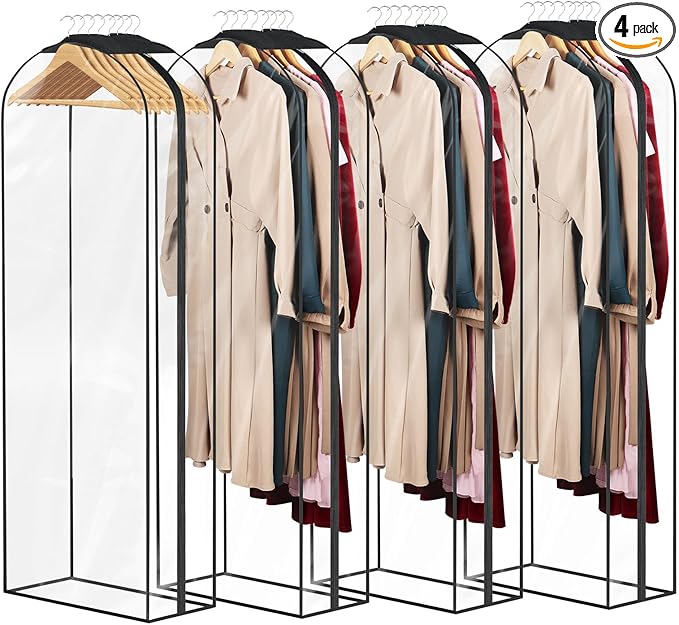 Univivi Garment Bags Garment Covers for Hanging Clothes, 10" Gusseted Clear Suit Bags for Clothes Storage, Garment Bag for Closet Storage, 60", 4-Pack