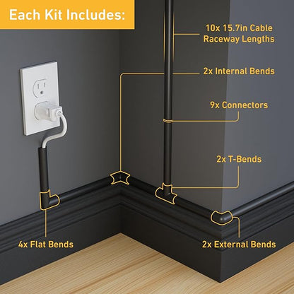 D-Line 157in Cord Hider Kit, Patented Cable Cover, Hide Wires on Wall, Channel for TV Mount Cords, Raceway Wire Hiders, Paintable, Adhesive, Half Round, 10x 0.78in W x 0.39in H x 15.7in L, Black