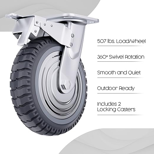 Houseables 8 Inch Caster Wheels, Large Caster Wheels, Heavy Duty Castors, Swivel Rubber Castor, Outdoor, Cart, Industrial, Replacement, Dolly, Off Road, All Terrain, Flat Free, Locking Brake, Set of 4