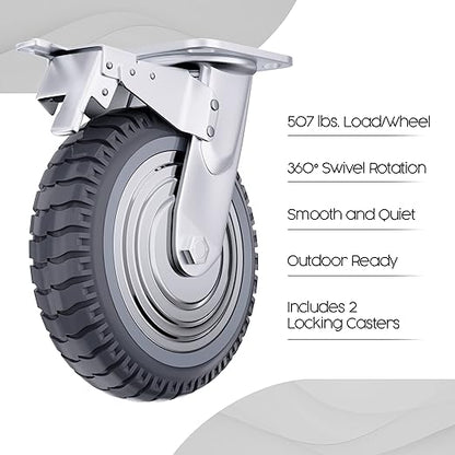 Houseables 8 Inch Caster Wheels, Large Caster Wheels, Heavy Duty Castors, Swivel Rubber Castor, Outdoor, Cart, Industrial, Replacement, Dolly, Off Road, All Terrain, Flat Free, Locking Brake, Set of 4