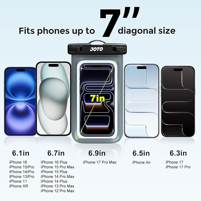 JOTO Up to 7" Universal Waterproof Phone Case for iPhone 17 Air 16 15 14 13 12 11 Plus Pro Max, IPX8 Cellphone Dry Bag XR X SE, Galaxy S23 S22 S21 S20+ S20 S10 Plus Note, Pixel -Grey