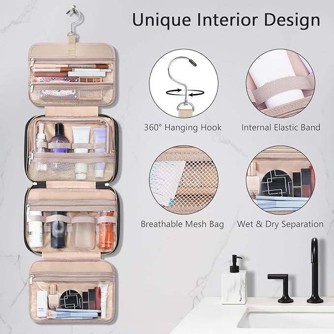 Wedama Toiletry Bag for Women, Large Cosmetic Travel Bag, Hanging Toiletry Bag for Bathroom, Thickened PVC Waterproof Makeup Bag, Toiletries Bag for Travel Business Trips and Camping, Black