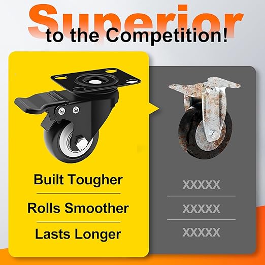 2 Inch Heavy Duty Casters 4 Sets of - Plate Casters with Brake, Bearing 600 pounds, 360 Degree Noiseless Rotating Wheels, Polyurethane (PU) Wheels for Furniture, Carts, Cabinets, Workbenches - Black