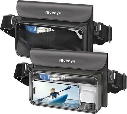 Niveaya IP68 Waterproof Fanny Pack - 2 Pack, Floating Dry Bag Pouch, Phone Waterproof Waist Pouch Dry Bag, Beach, Kayaking, Swimming, Boat Essentials, for iPhone 17/16/15/14/13/12 Pro Max up to 9.5"
