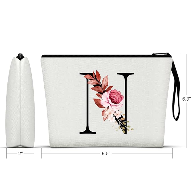 Vavabox A-Z Personalized Makeup Bag, Birthday Gifts for Women Mom, Gifts for Best Friend, Bride Bridesmaid Cosmetic bag (N, White)