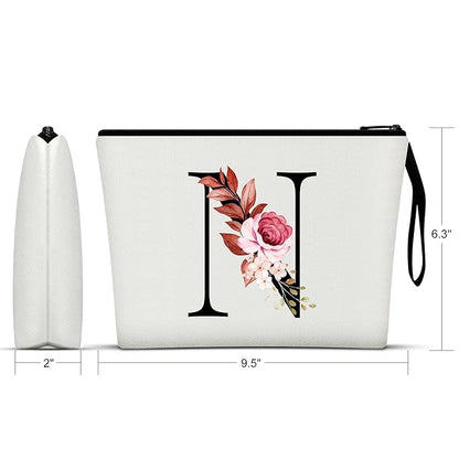 Vavabox A-Z Personalized Makeup Bag, Birthday Gifts for Women Mom, Gifts for Best Friend, Bride Bridesmaid Cosmetic bag (N, White)