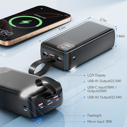 EnergyQC 42000mAh Portable Charger, 22.5W Power Bank with LED Flashlight - USB C Fast Charging External Battery Pack, LED Display Portable Phone Charger for iPhone 17/16/15/14, Android, Samsung,etc