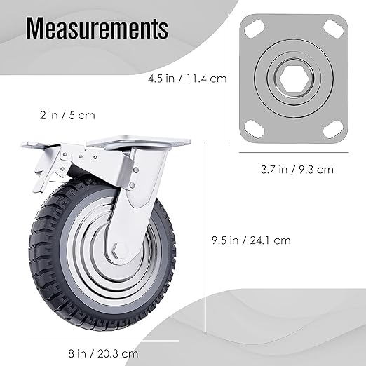 Houseables 8 Inch Caster Wheels, Large Caster Wheels, Heavy Duty Castors, Swivel Rubber Castor, Outdoor, Cart, Industrial, Replacement, Dolly, Off Road, All Terrain, Flat Free, Locking Brake, Set of 4
