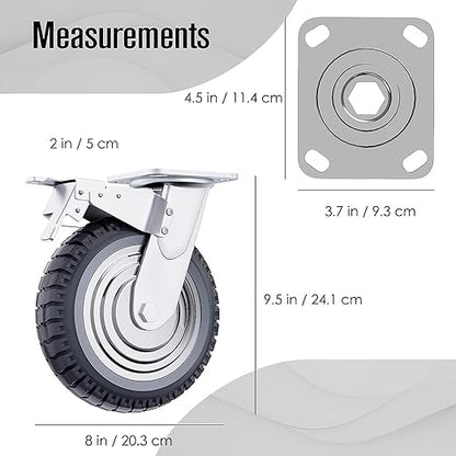 Houseables 8 Inch Caster Wheels, Large Caster Wheels, Heavy Duty Castors, Swivel Rubber Castor, Outdoor, Cart, Industrial, Replacement, Dolly, Off Road, All Terrain, Flat Free, Locking Brake, Set of 4