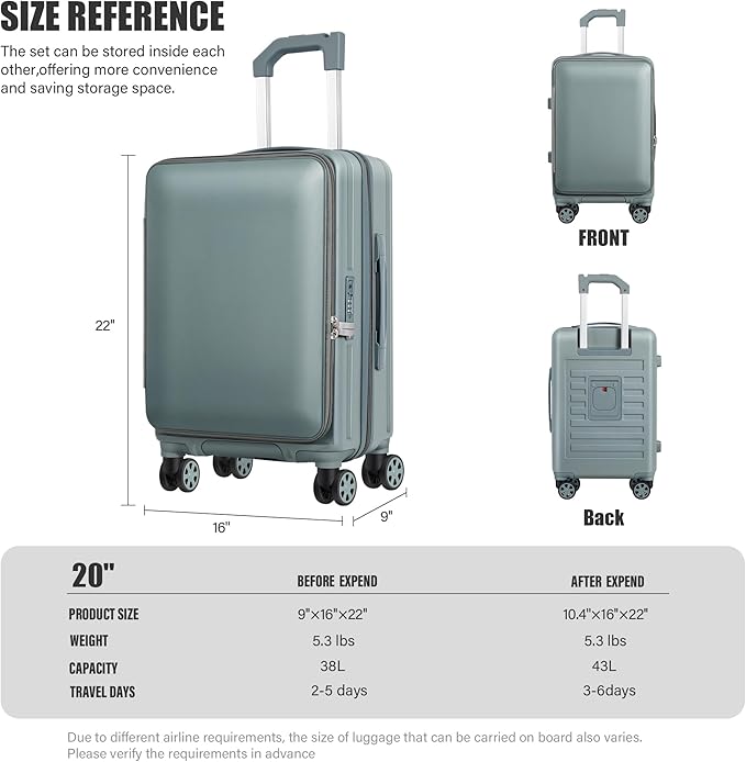 Carry-On Luggage Front Opening 20-inch Suitcase with TSA Lock PC Hardside Rolling Luggage Travel Suitcase, Small Hardside Expandable Luggage with Spinner Wheels (Black)