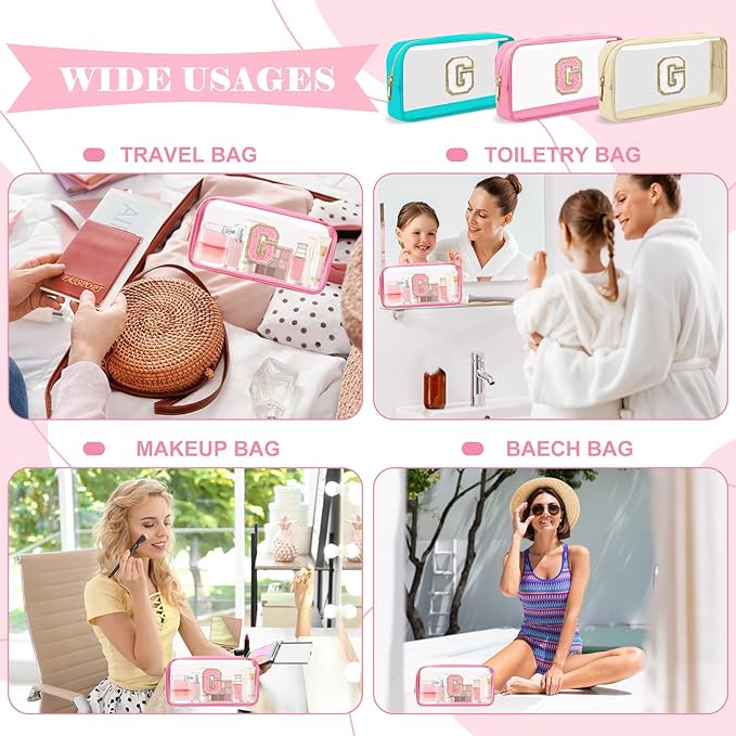 Personalized Initial Letter Clear Makeup Bag,Preppy Small Nylon&PVC Cosmetic Zipper Bag with Chenille Letter,Portable Beach Travel Skincare Toiletry Bag,Trendy Monogram Gift for Teen Girls Women,G