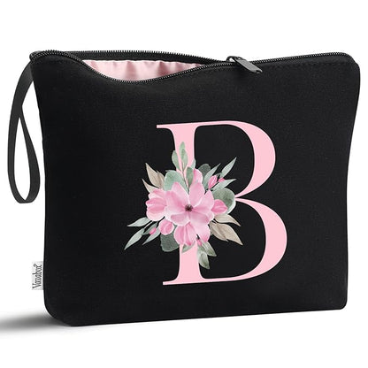 Vavabox A-Z Personalized Makeup Bag, Birthday Gifts for Women Mom, Gifts for Best Friend, Bride Bridesmaid Cosmetic bag (B, Black)