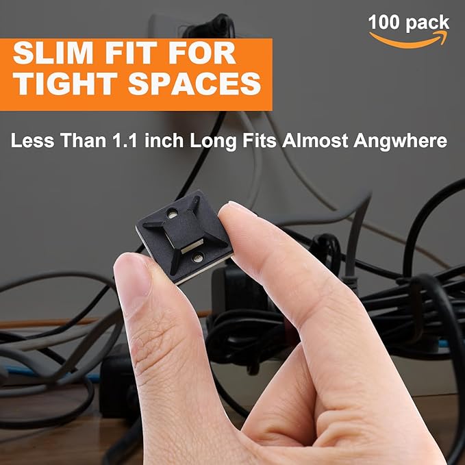 100 Pack 1.1 inch Zip Tie Adhesive Mounts Self Adhesive Cable Tie Base Holders with Multi-Purpose Tie wire clips with screw hole,Anchor stick on wire holder with 8 inch zip ties（Black）