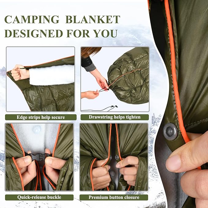 MOOX Down Camping Blanket Packable Backpacking Camping Quilt Outdoor Lightweight Warm Water Resistant Puffy Sleeping Bag Travel Hiking 55"x79" Waterproof Camp Throw Blanket, Green Orange