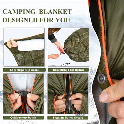 MOOX Down Camping Blanket Packable Backpacking Camping Quilt Outdoor Lightweight Warm Water Resistant Puffy Sleeping Bag Travel Hiking 55"x79" Waterproof Camp Throw Blanket, Green Orange