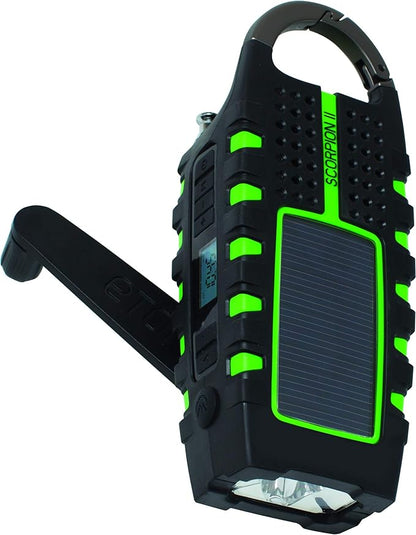 Eton - Scorpion II Rugged Multipowered Portable Emergency Weather Radio & Flashlight Green, Hand Crank, LED Flashlight, Smartphone Charger, Solar Power, 800 MAH Battery, Commitment to Preparedness