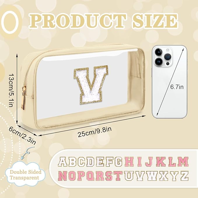Small Clear Personalized Initial Makeup Bag, Preppy Nylon A-Z Chenille Letter Patch Makeup Organizer TSA Approved Travel Toiletry Bag,Waterproof Zip Beach Cosmetic Pouch Purse for Women(Beige-White V)