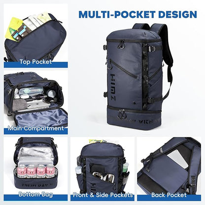 Waterproof Camping Backpack with Lunch Compartment, Mens Backpack Insulated for Work, 17 inch Laptop Bag, Carry On Backpacks for Airplane Beach Travel, Blue