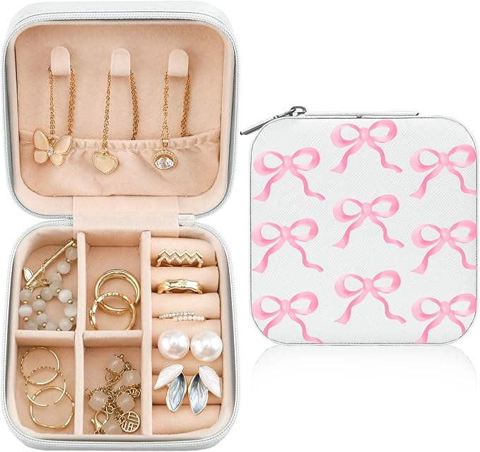 MAYCARI Jewelry Box with Cute Pink Bow Pattern Design, PU Leather Jewelry Travel Organizer Case-Rings/Earrings/Necklace Storage Box for Women Birthday Mom Friends Her Bridesmaids Girls s