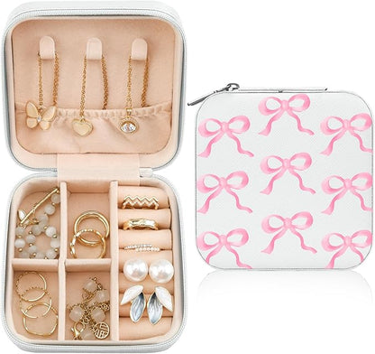 MAYCARI Jewelry Box with Cute Pink Bow Pattern Design, PU Leather Jewelry Travel Organizer Case-Rings/Earrings/Necklace Storage Box for Women Birthday Mom Friends Her Bridesmaids Girls s
