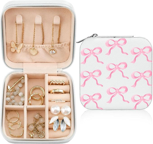 MAYCARI Jewelry Box with Cute Pink Bow Pattern Design, PU Leather Jewelry Travel Organizer Case-Rings/Earrings/Necklace Storage Box for Women Birthday Mom Friends Her Bridesmaids Girls s