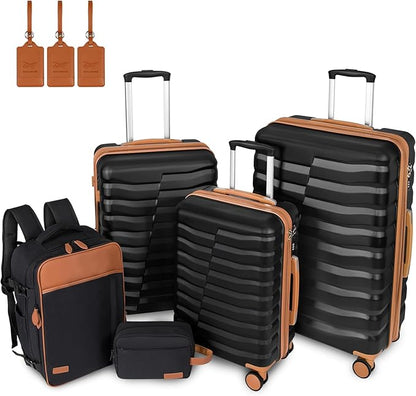 5-Piece Lightweight Luggage with Backpack Sets, ABS+PC Hard Shell Suitcase with TSA Lock & YKK Zipper (Black Brown, 20in/24in/28in/BP/TB)
