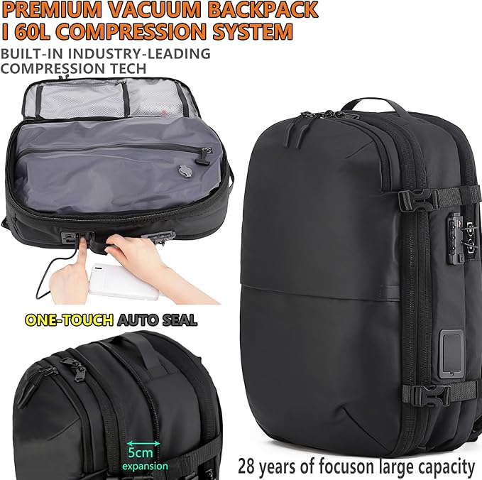 LIGHTGO] Travel-friendly Vacuum Packing Backpack with Built-in Air Pump, Portable Compression Cube, TSA-approved Lock, and Waterproof for College Students and Family Trips.