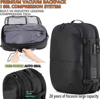 LIGHTGO] Travel-friendly Vacuum Packing Backpack with Built-in Air Pump, Portable Compression Cube, TSA-approved Lock, and Waterproof for College Students and Family Trips.
