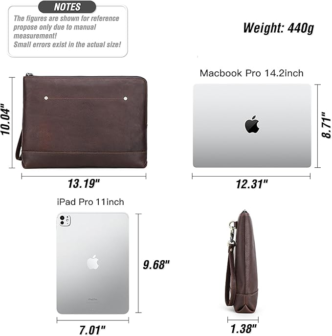 Top Grain Leather 14.2" Slim Laptop 90° Zipper Bag, Removable Wristlet & 4 Pockets, Compatible with 2024 MacBook Pro 14.2" M1 M2 M3 M4 Pro/Max A2442 & Other Laptop, Red Coffee 14.2 Inch
