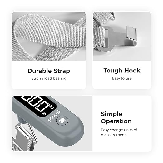 pack all 110 Lbs Luggage Scale, Digital Handheld Baggage Scale, Travel Suitcase Weight Scale with LCD Display, Battery Included, Rock Grey
